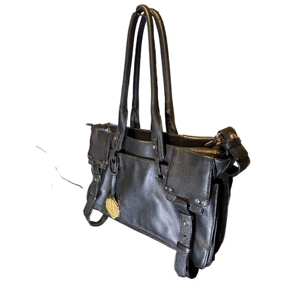 Vince Camuto Black Leather Tote Bag Double Handles Buckle Detail - Picture 5 of 13